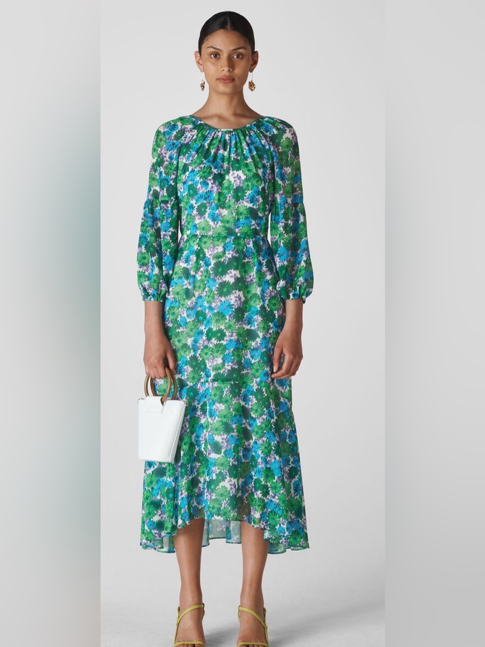 Whistles Size US 6 Alva Zinnia Floral Dress Blue Multi Midi 3/4 Sleeve